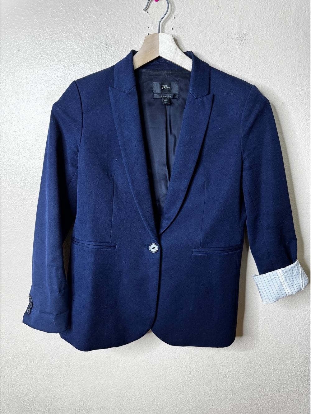 J.Crew Womens 6P Petite Blazer Navy Blue Bi-Stretch One Button Cotton Blend